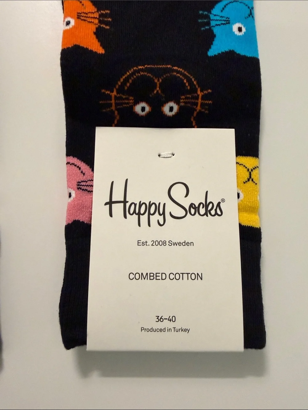 Happy Socks Black Cat Crew Socks — Black with White and Multicolor Cat Faces